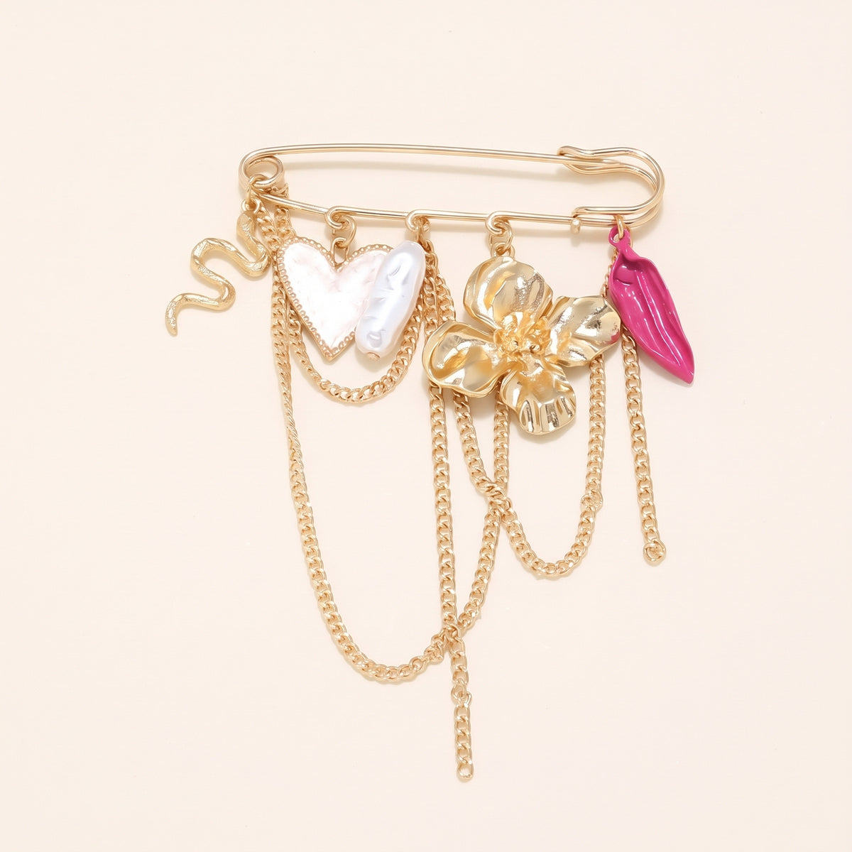 Bloem hart slang broche goud roze