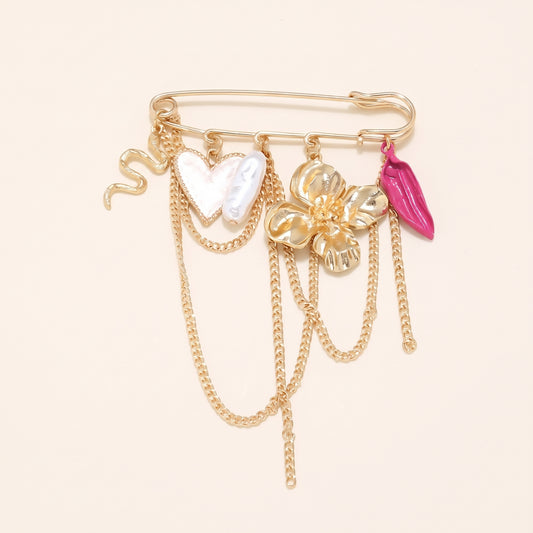 Bloem hart slang broche goud roze