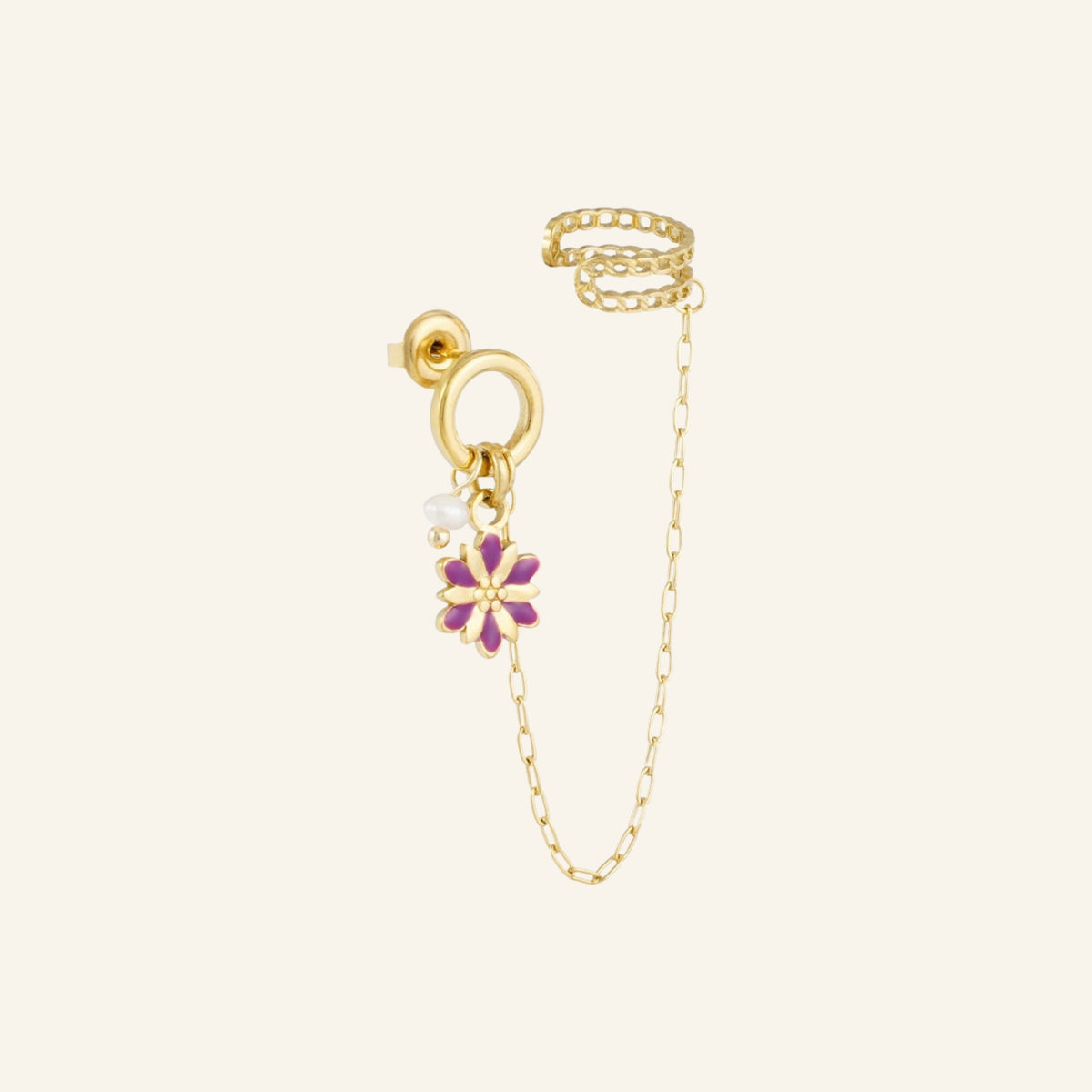 Flower earring with ear cuff – purple, on beige background