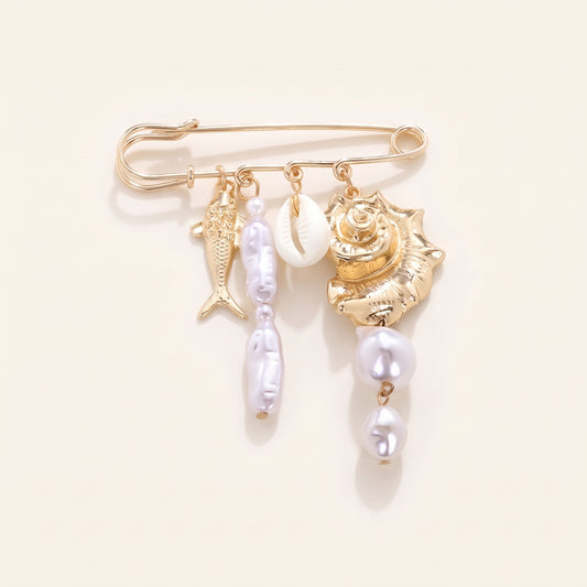 Schelp vis parel broche goud wit