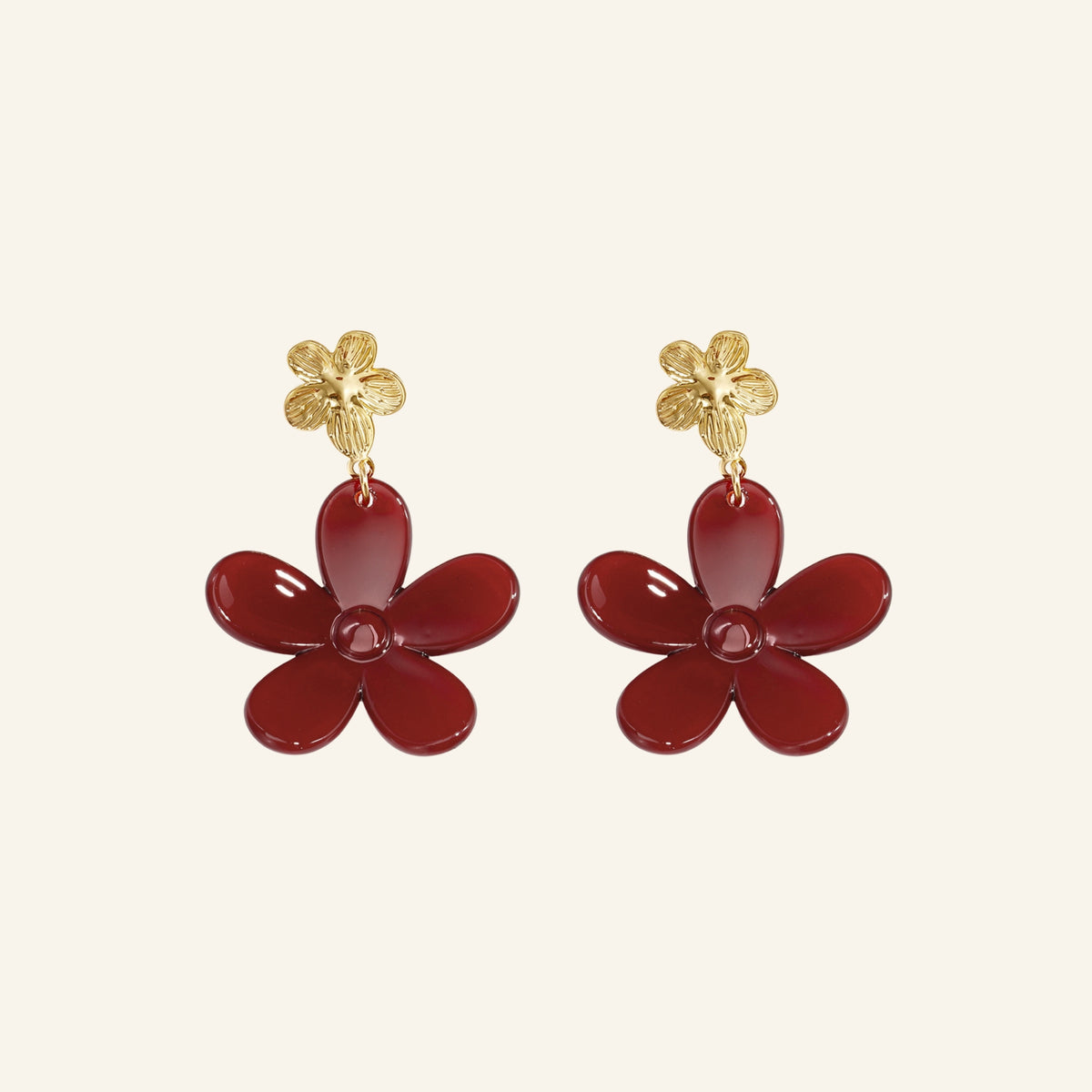 Flower drop earrings – carmine red, on beige background
