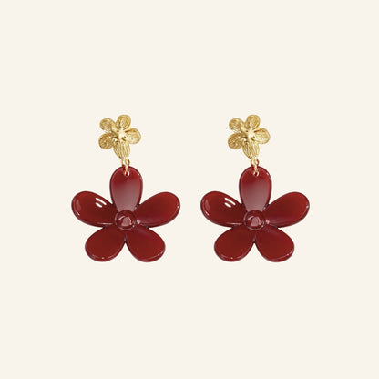 Flower drop earrings – carmine red, on beige background