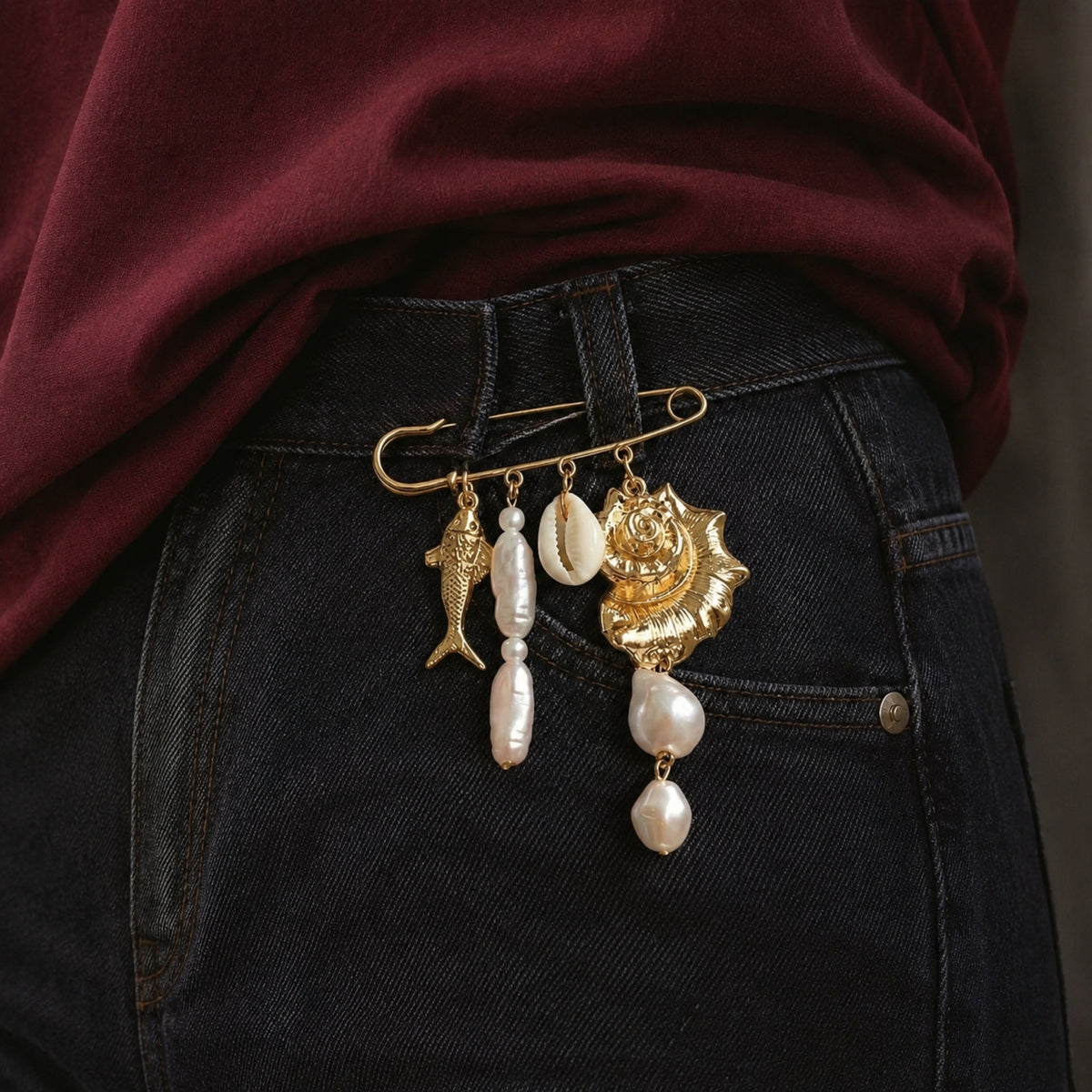 Schelp vis parel broche goud wit
