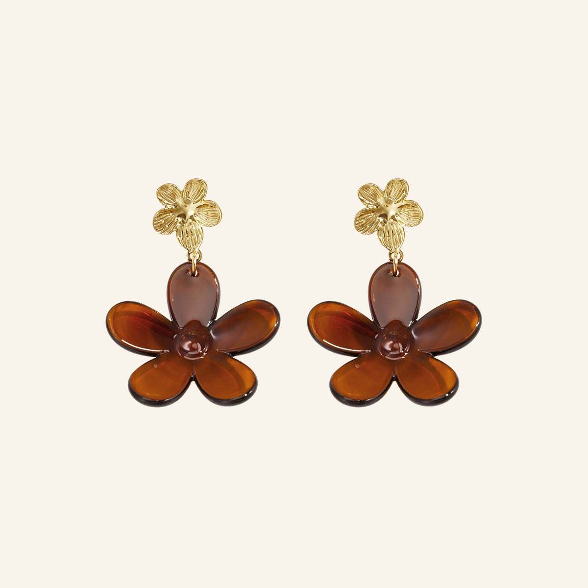 Flower drop earrings – brown, on beige background