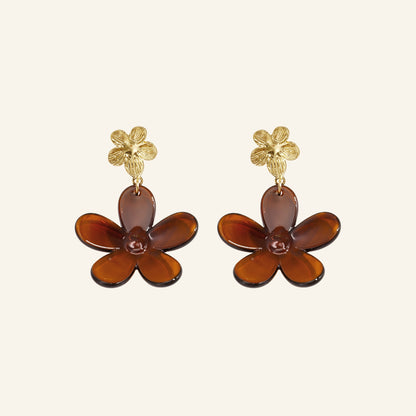 Flower drop earrings – brown, on beige background