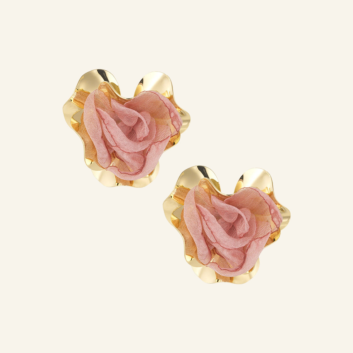 Floral statement earrings – pink, on beige background