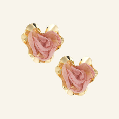 Floral statement earrings – pink, on beige background