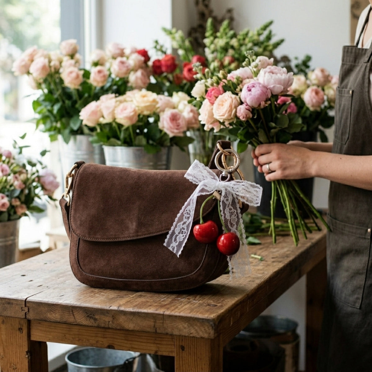 Cherry with lace bow bag charm, lifestyle photo with flowers