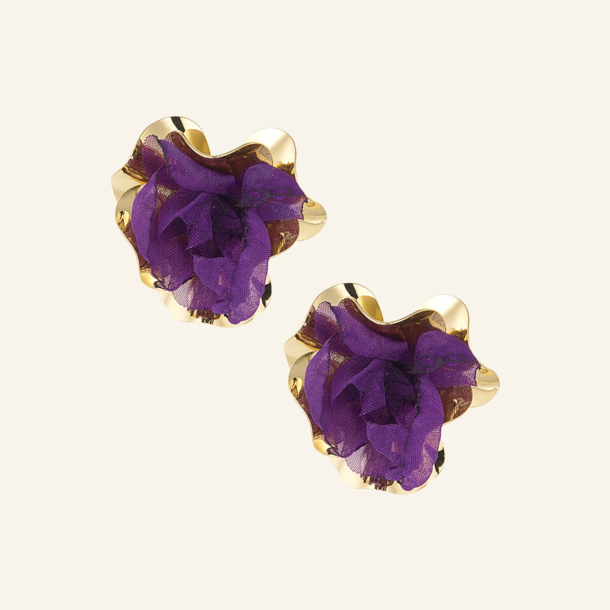 Floral statement earrings – purple, on beige background