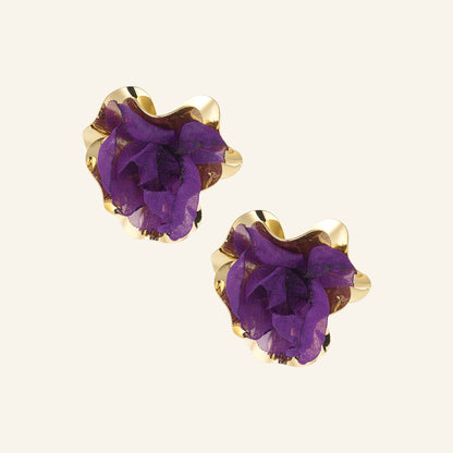 Floral statement earrings – purple, on beige background