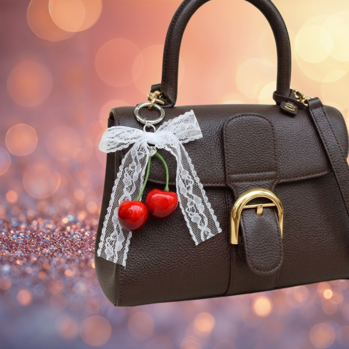Cherry with lace bow bag charm on a brown bag