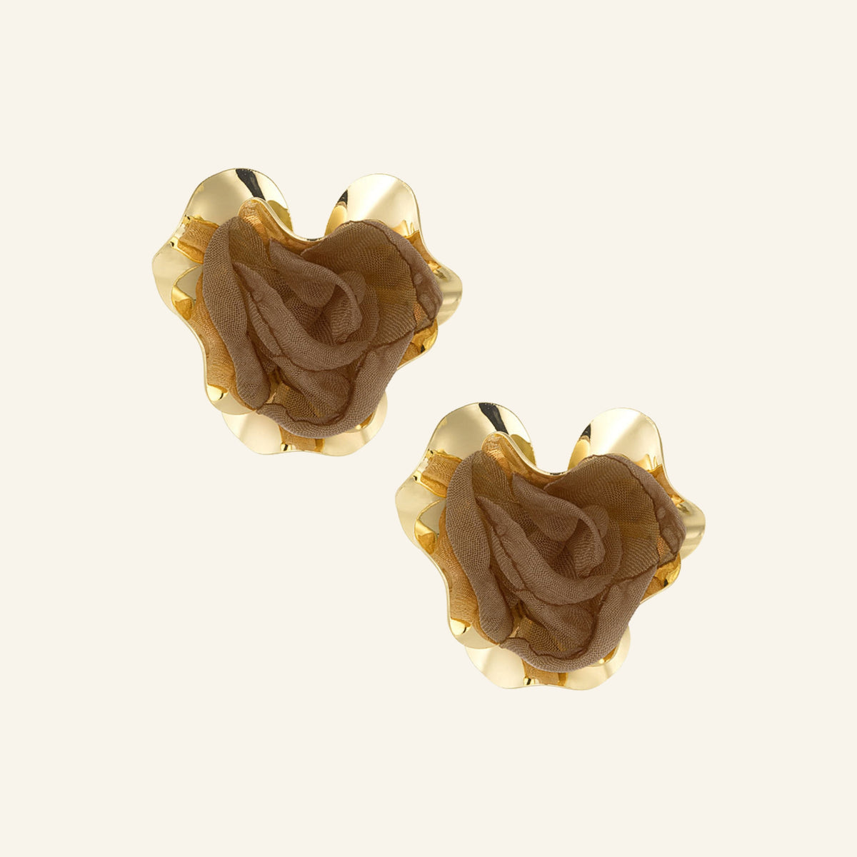 Floral statement earrings – brown, on beige background