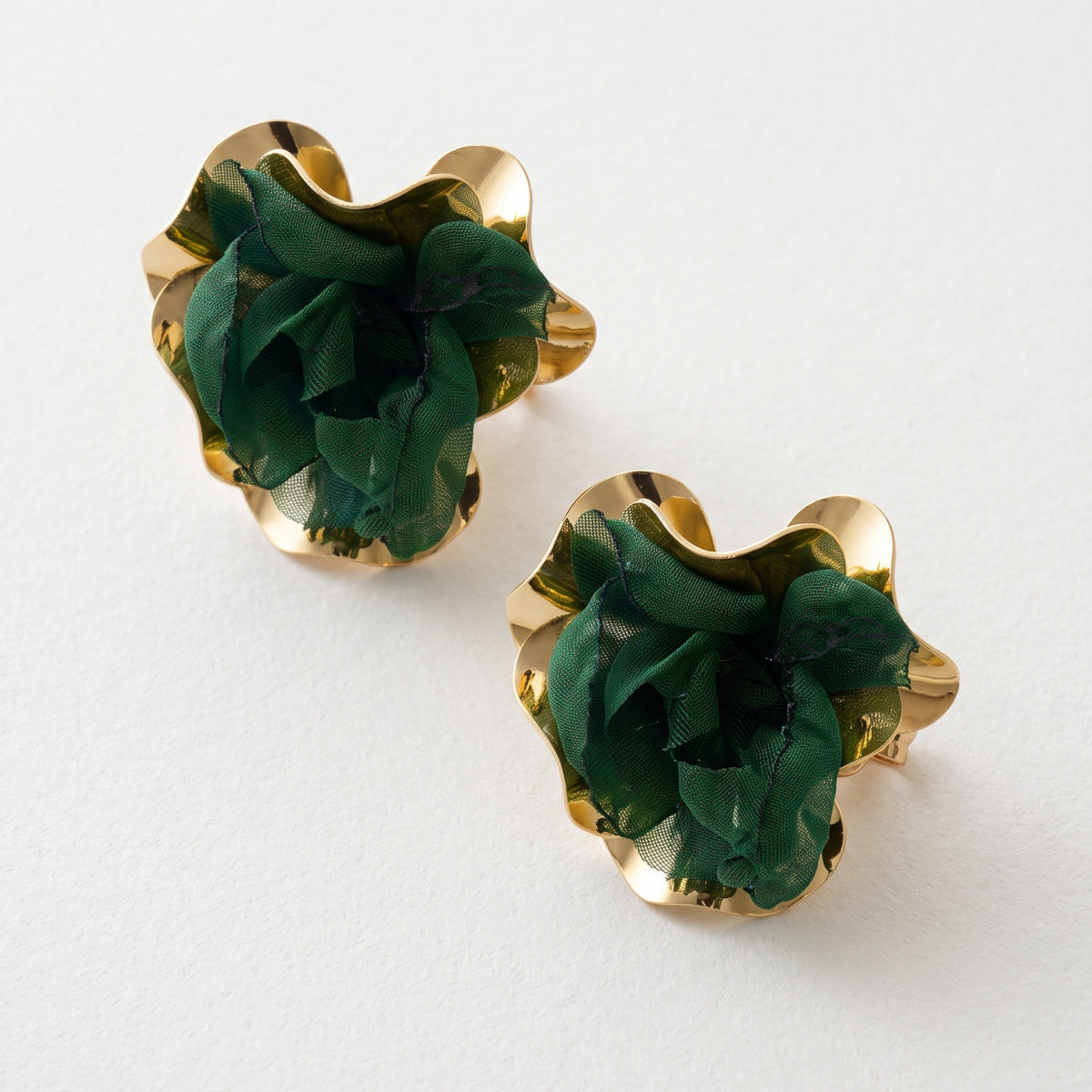 Floral statement earrings – dark green, close-up