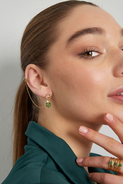 Flower earring with ear cuff, worn, side view – green