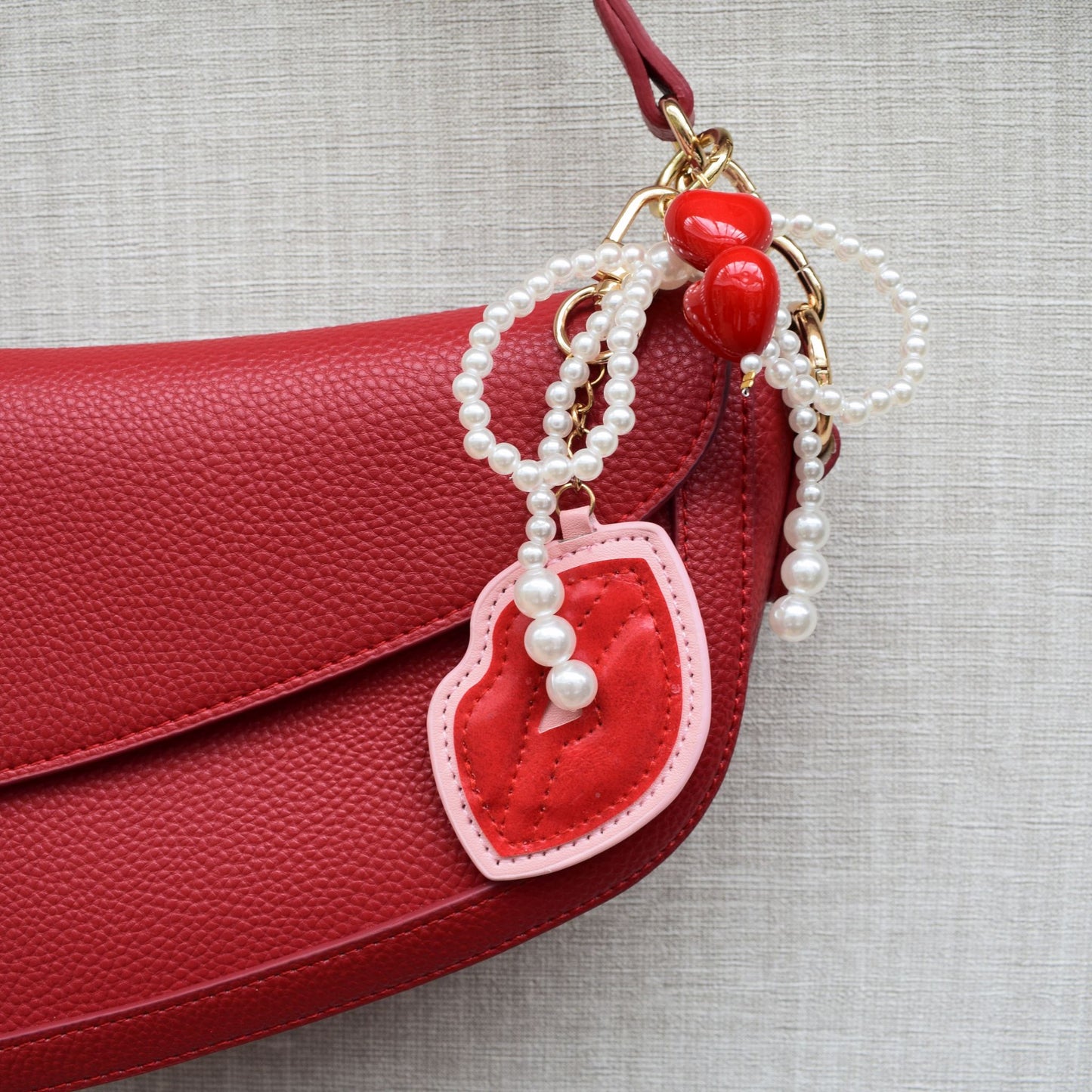 Kus bag chain met parels en hartjes - Goud, rood, roze en parelmoer