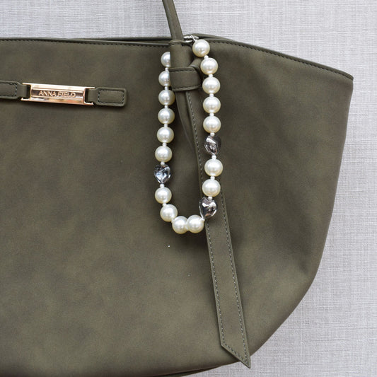 Hartjes en parels bag chain - Zilver, parelmoer en grijs