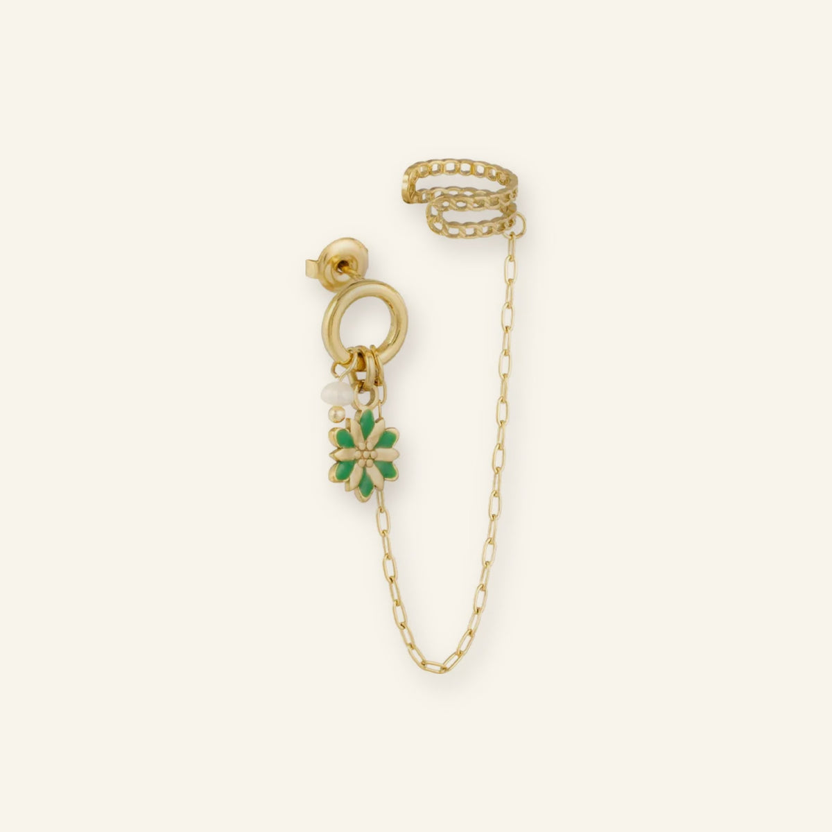 Flower earring with ear cuff – green, on beige background
